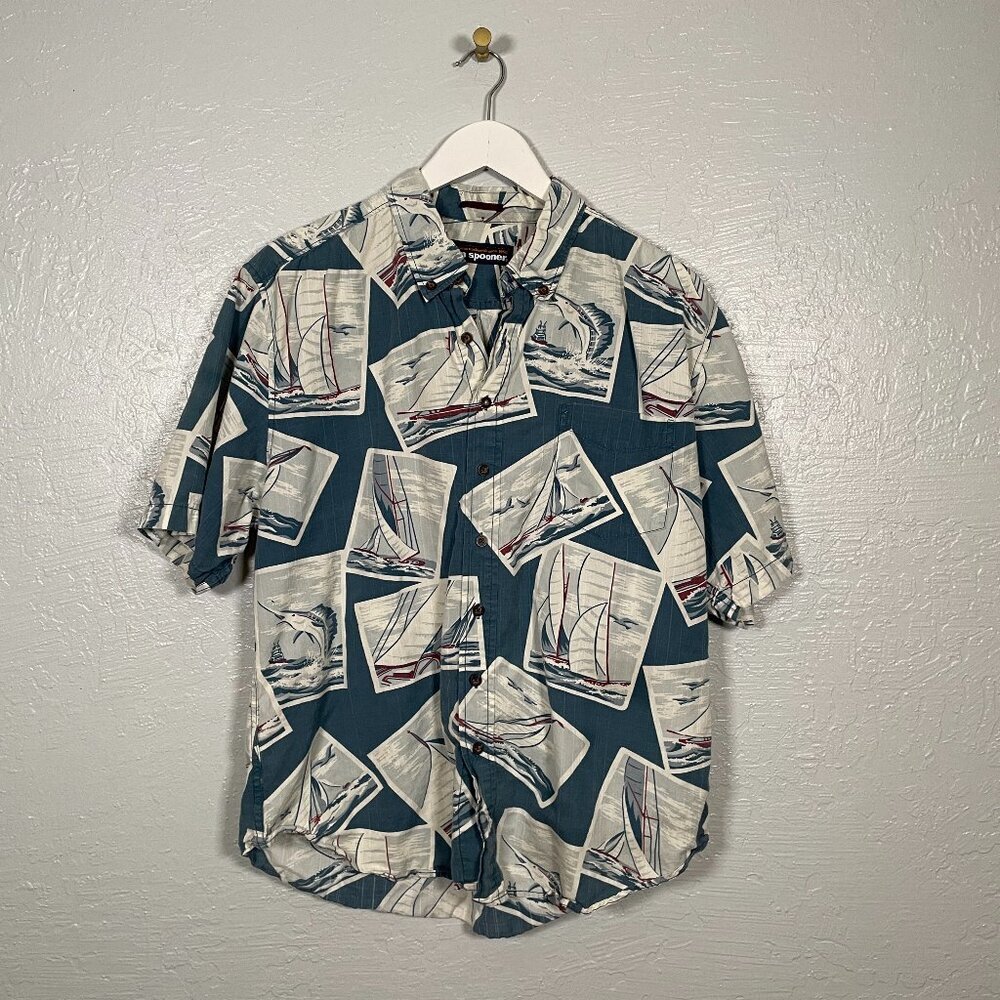 Reyn Spooner Men XL Blue White Shirt Sailboat Yacht Marlin Print Short Sleeve